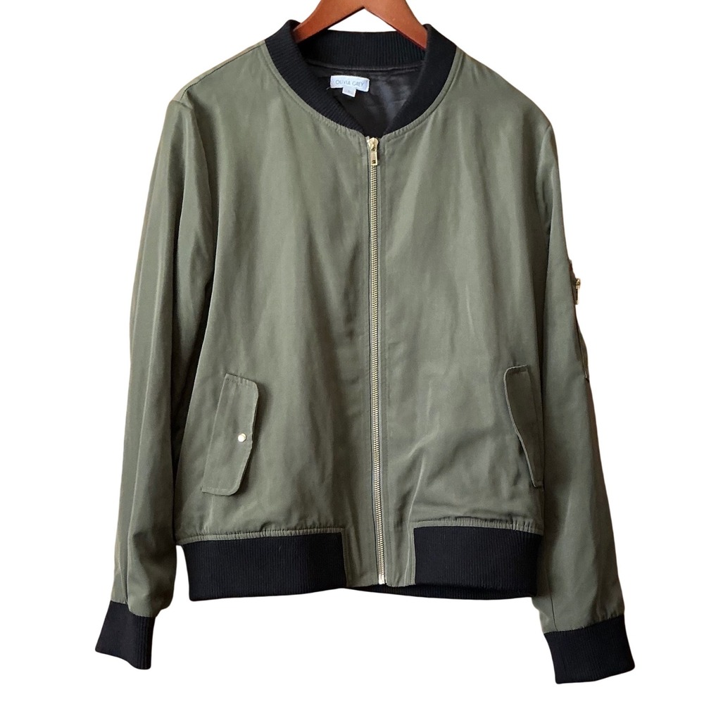 Olivia Grey Womens Olive Green Bomber Jacket L Retro Sporty Military Style - Picture 2 of 9